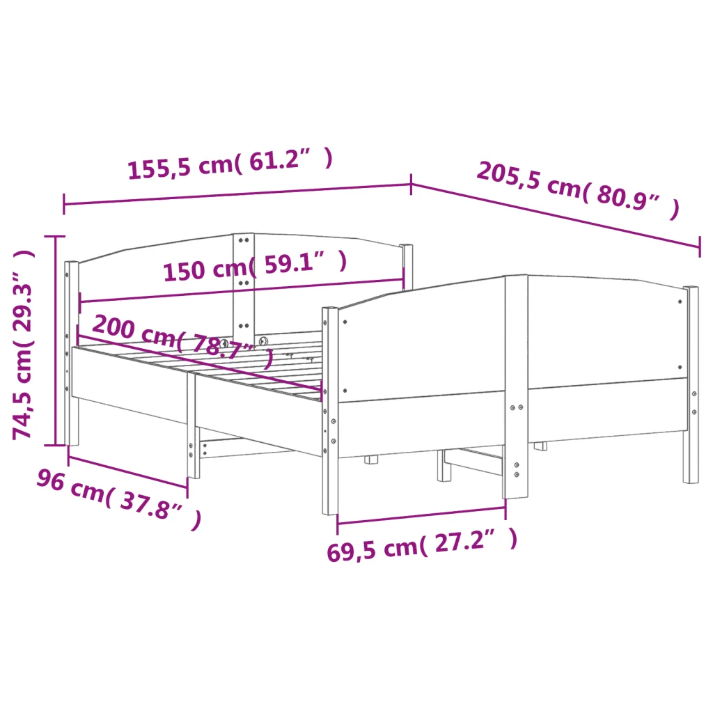 Letto matrimoniale | Letto per adulti | Giroletto senza Materasso 150x200 cm in Legno Massello di Pino - Image 9
