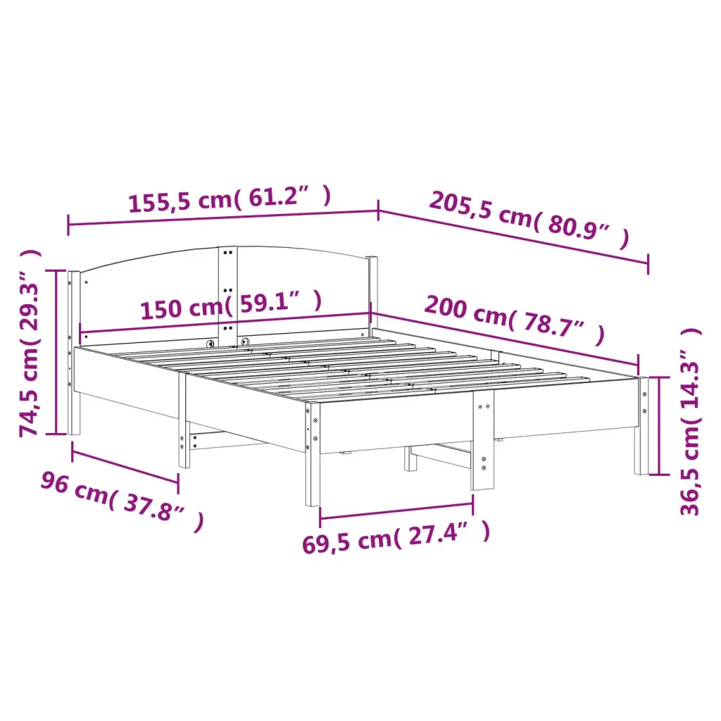 Letto matrimoniale | Letto per adulti | Giroletto senza Materasso 150x200 cm in Legno Massello di Pino - Image 9