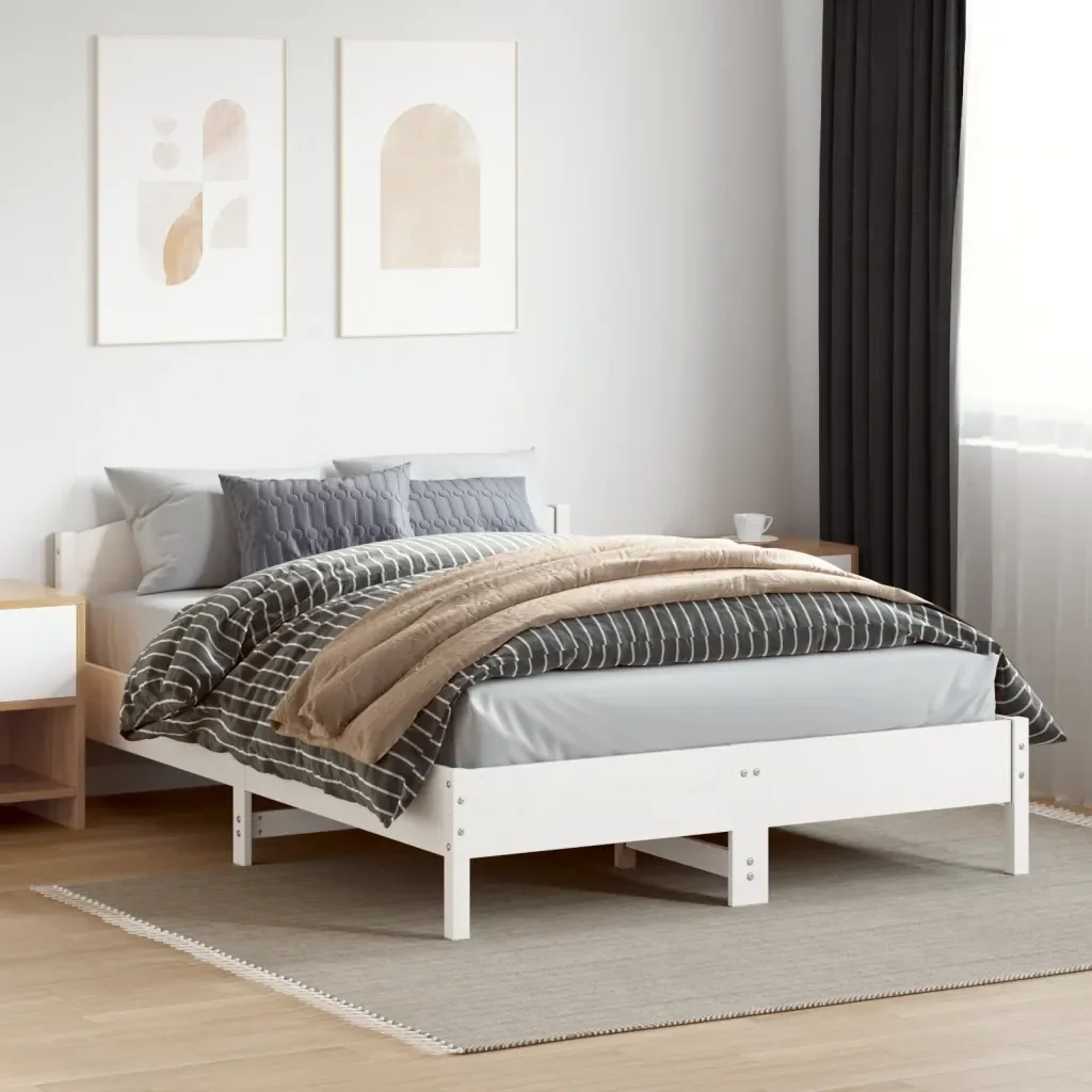 Letto matrimoniale | Letto per adulti | Giroletto senza Materasso Bianco 150x200 cm Legno Massello Pino - Image 2