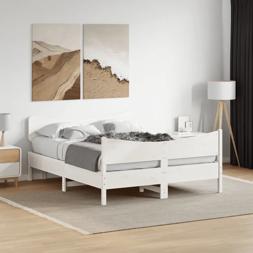 Letto matrimoniale | Letto per adulti | Giroletto senza Materasso Bianco 150x200 cm Legno Massello Pino - Image 2