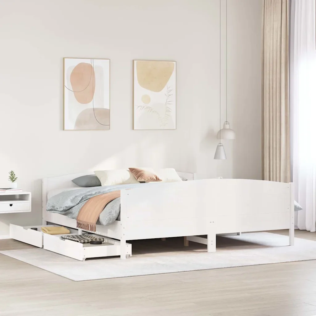 Letto matrimoniale | Letto per adulti | Giroletto senza Materasso Bianco 200x200 cm Legno Massello Pino - Image 2