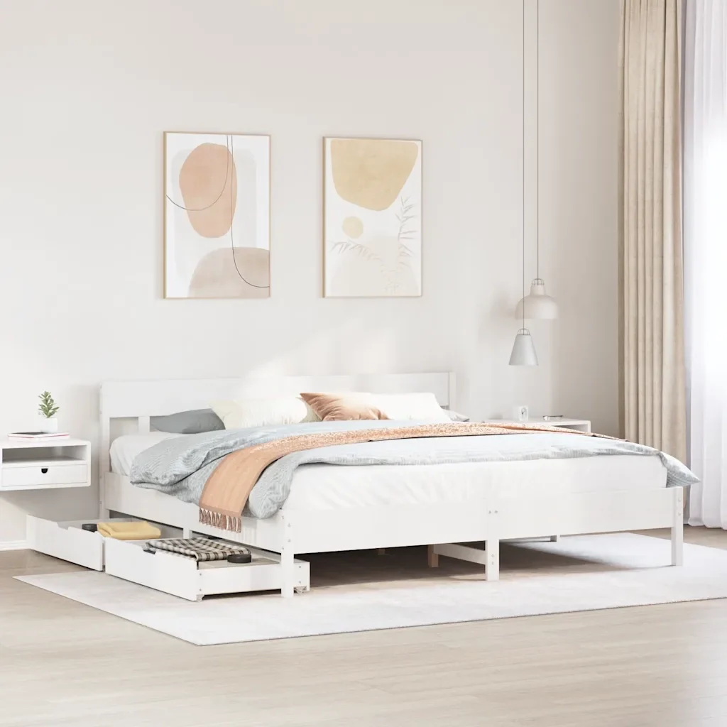 Letto matrimoniale | Letto per adulti | Giroletto senza Materasso Bianco 200x200 cm Legno Massello Pino - Image 2