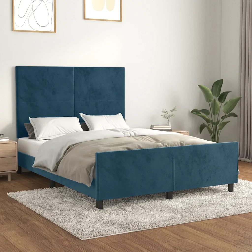 Letto matrimoniale | Letto per adulti | Giroletto senza Materasso Blu Scuro 140x190 cm in Velluto - Image 2