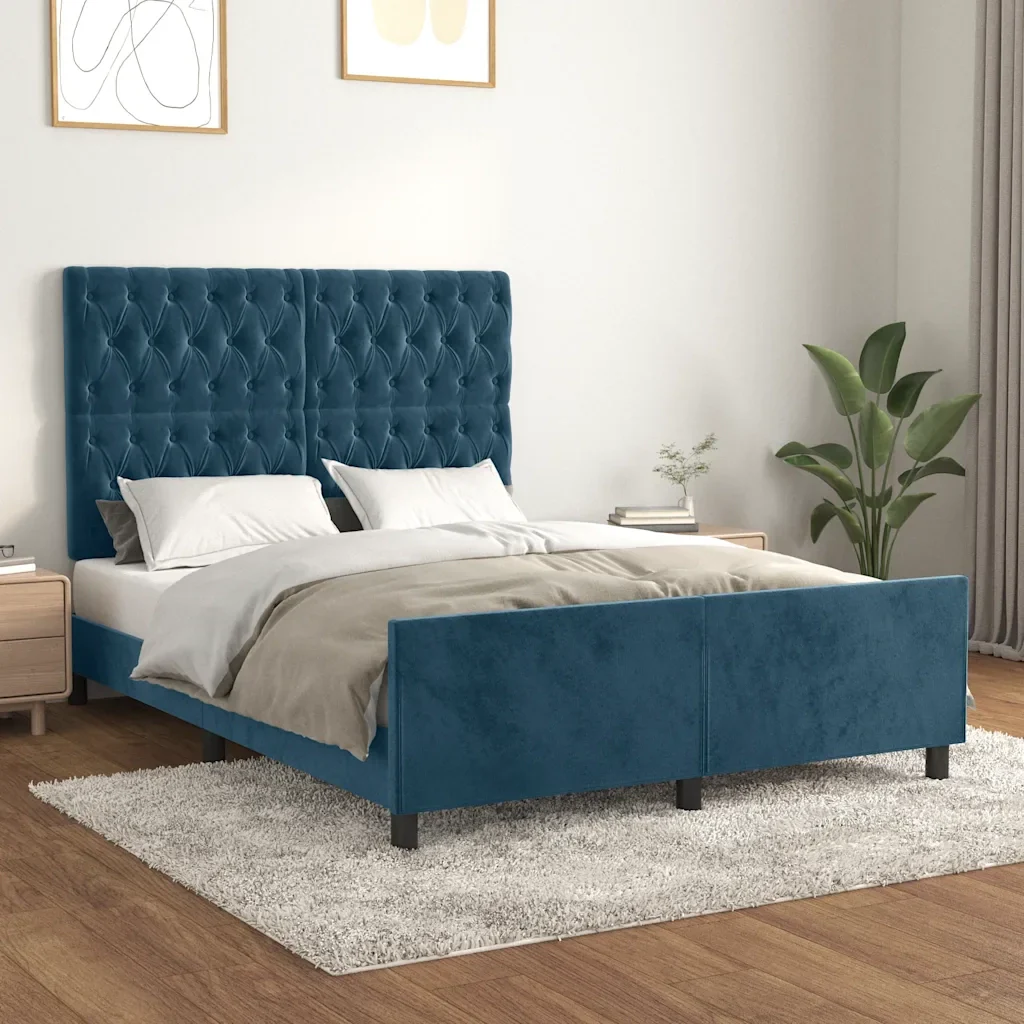 Letto matrimoniale | Letto per adulti | Giroletto senza Materasso Blu Scuro 140x190 cm in Velluto - Image 2
