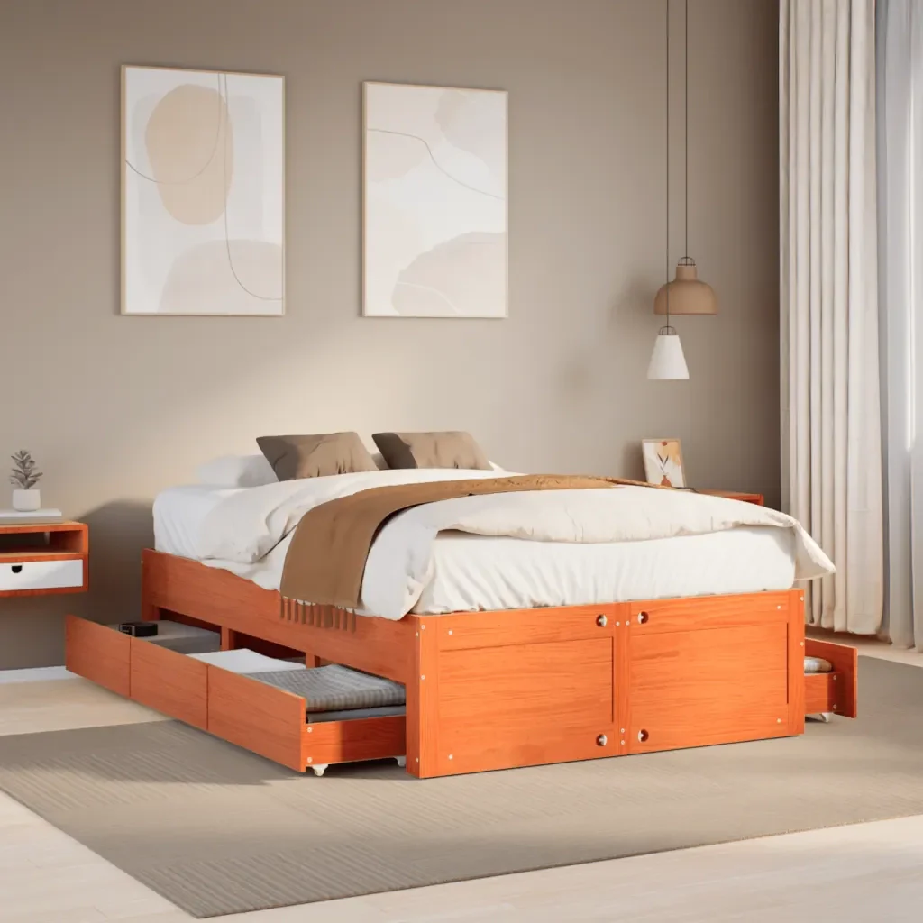 Letto matrimoniale | Letto per adulti | Giroletto senza Materasso con Cassetti Marrone Cera 120x200Pino - Image 2