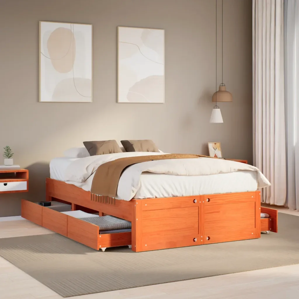 Letto matrimoniale | Letto per adulti | Giroletto senza Materasso con Cassetti Marrone Cera 135x190 cm - Image 2