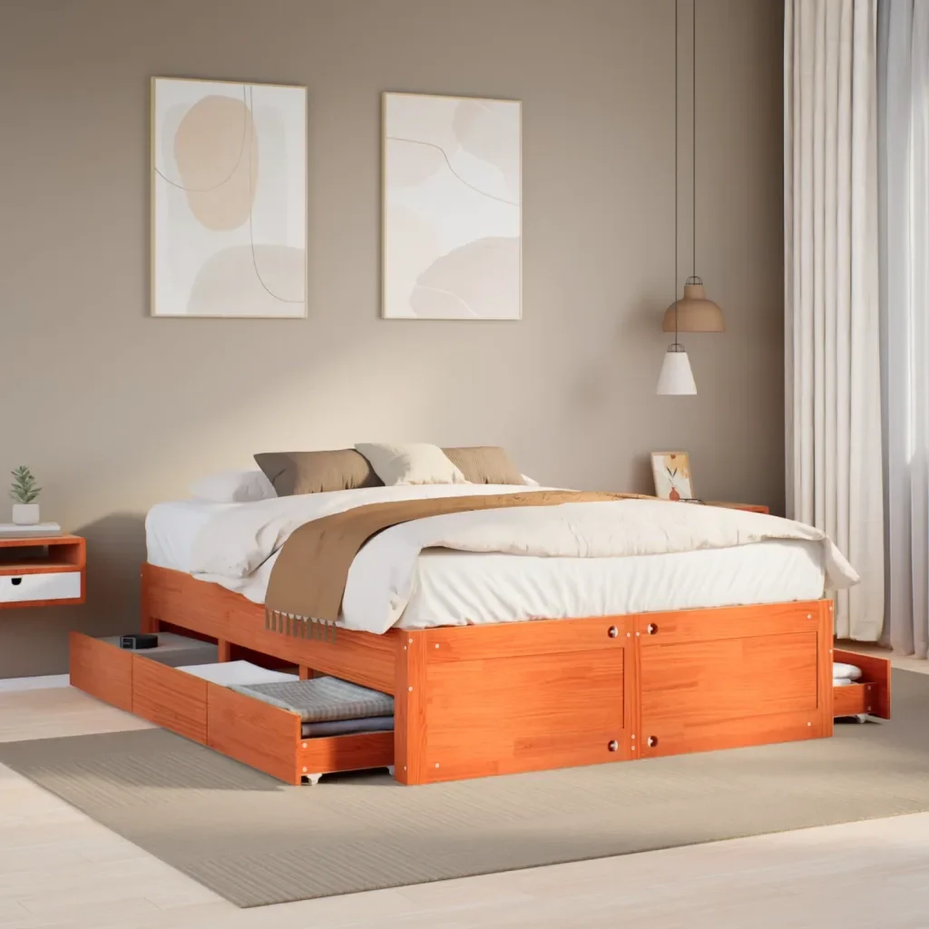 Letto matrimoniale | Letto per adulti | Giroletto senza Materasso con Cassetti Marrone Cera 140x190 cm - Image 2