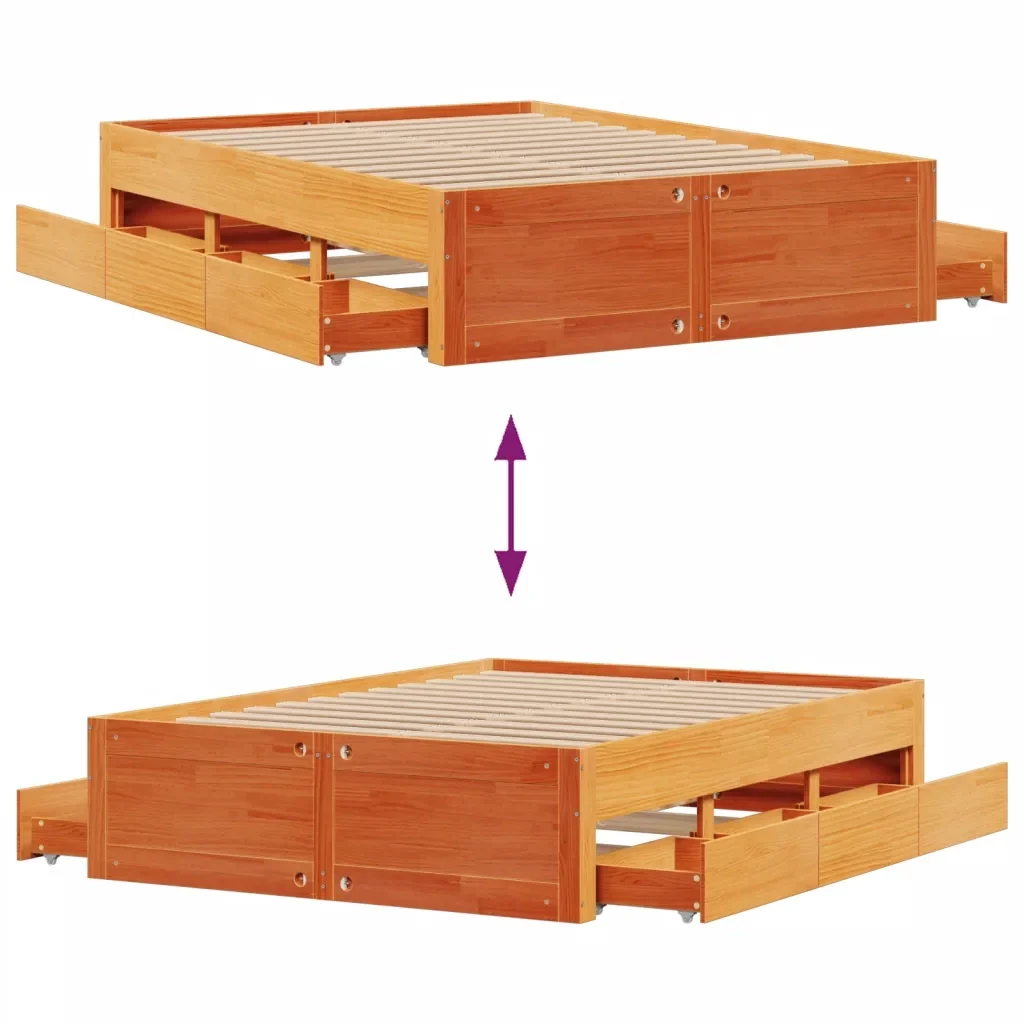 Letto matrimoniale | Letto per adulti | Giroletto senza Materasso con Cassetti Marrone Cera 140x200Pino - Image 10