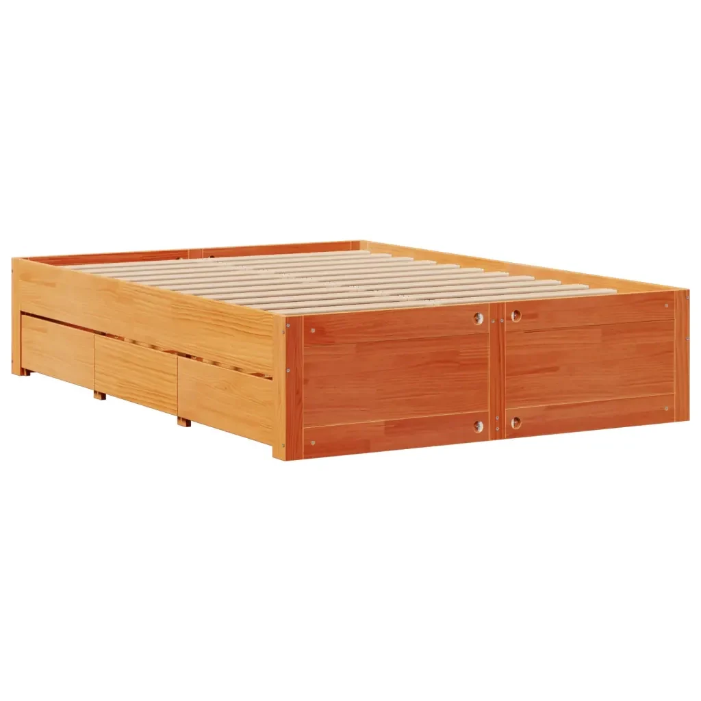 Letto matrimoniale | Letto per adulti | Giroletto senza Materasso con Cassetti Marrone Cera 140x200Pino - Image 3
