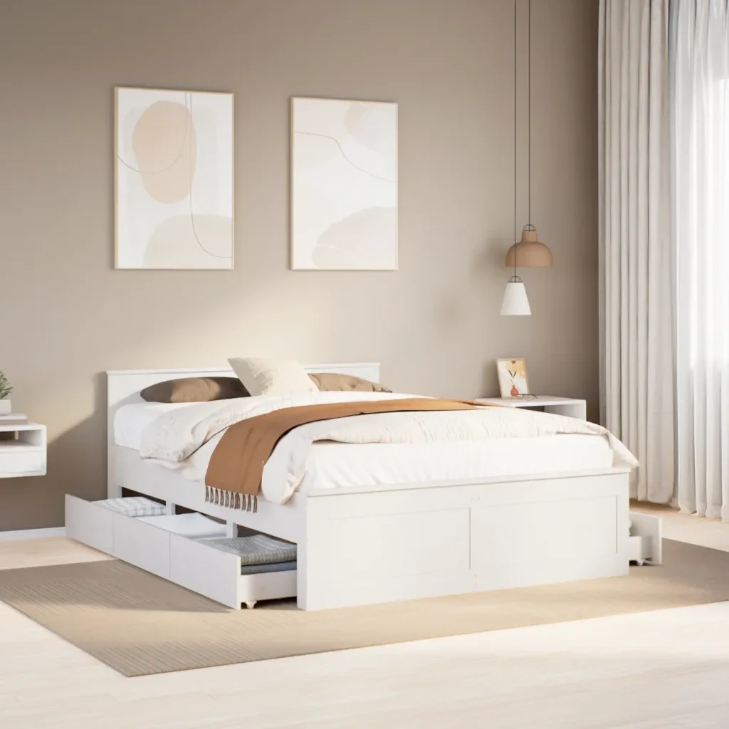 Letto matrimoniale | Letto per adulti | Giroletto senza Materasso con Testata Bianco 150x200 cm Pino - Image 2