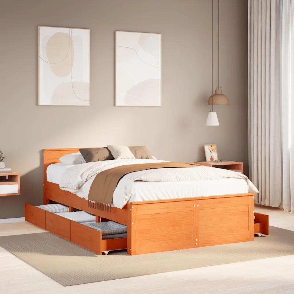 Letto matrimoniale | Letto per adulti | Giroletto senza Materasso con Testata Marrone Cera 135x190 Pino - Image 2