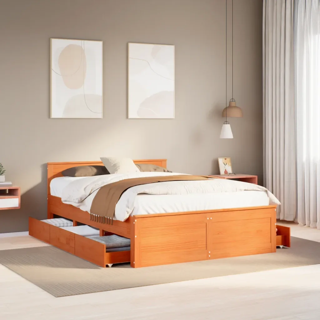 Letto matrimoniale | Letto per adulti | Giroletto senza Materasso con Testata Marrone Cera 150x200 Pino - Image 2