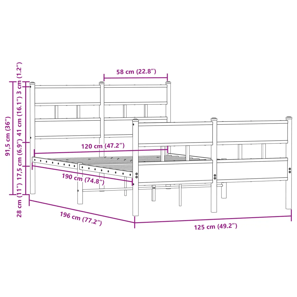 Letto matrimoniale | Letto per adulti | Giroletto senza Materasso con Testiera e Pediera 120x190 cm - Image 9