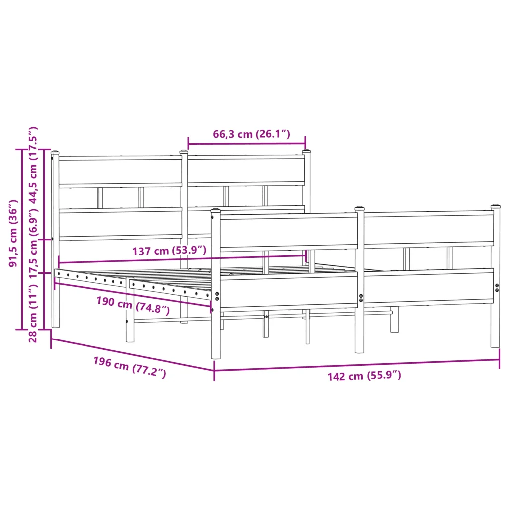 Letto matrimoniale | Letto per adulti | Giroletto senza Materasso con Testiera e Pediera 137x190 cm - Image 9
