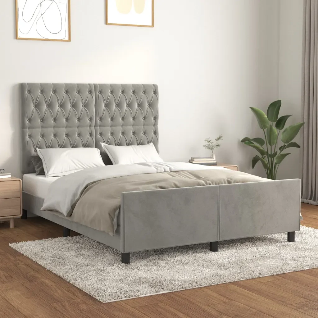 Letto matrimoniale | Letto per adulti | Giroletto senza Materasso Grigio Chiaro 140x190 cm Velluto - Image 2