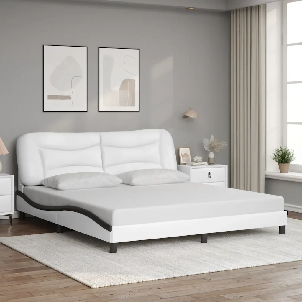 Letto matrimoniale | Letto per adulti | Giroletto senza Materasso Hvar Bianco e Nero 180x200 cm in Similpelle - Image 2