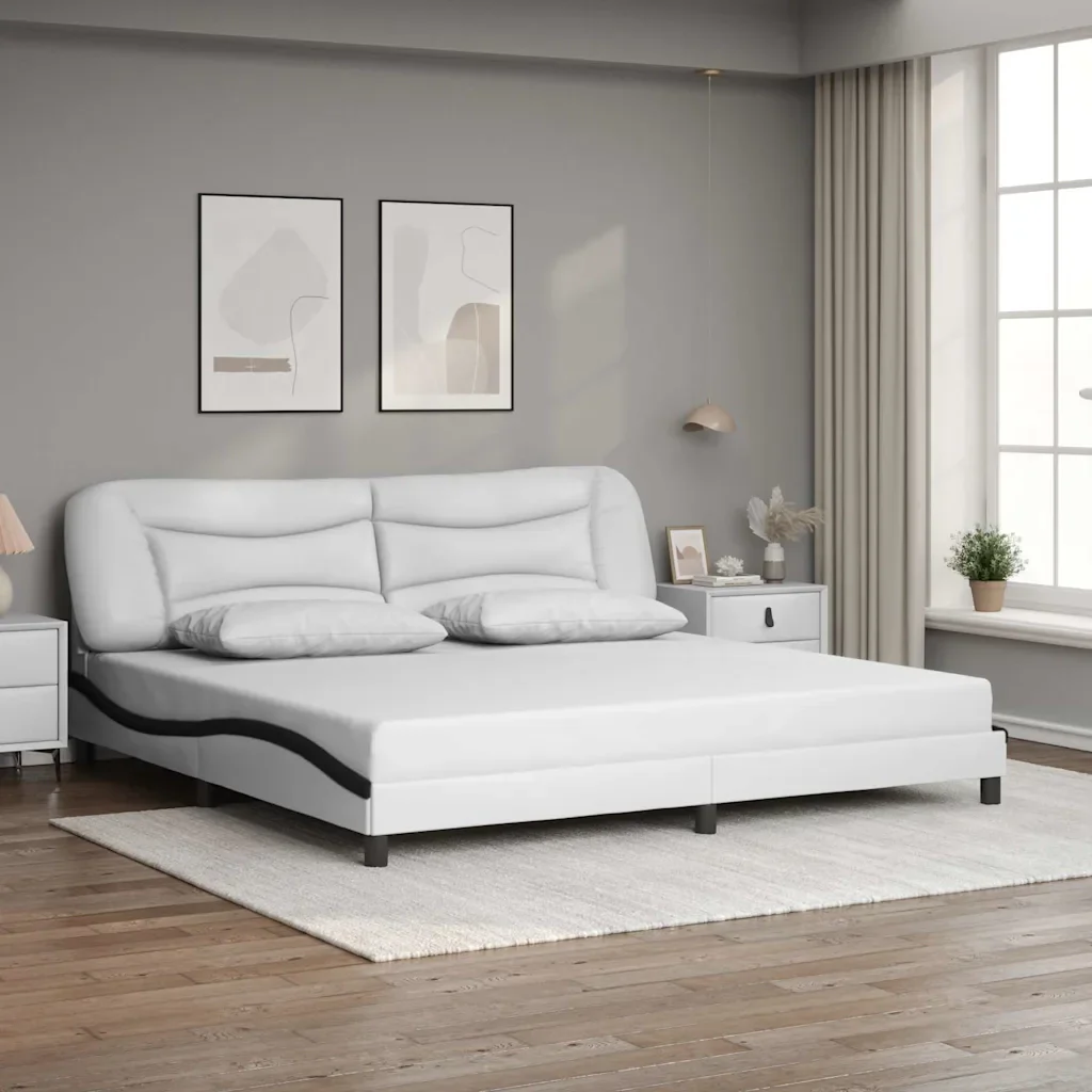Letto matrimoniale | Letto per adulti | Giroletto senza Materasso Hvar Bianco e Nero 200x200 cm in Similpelle - Image 2
