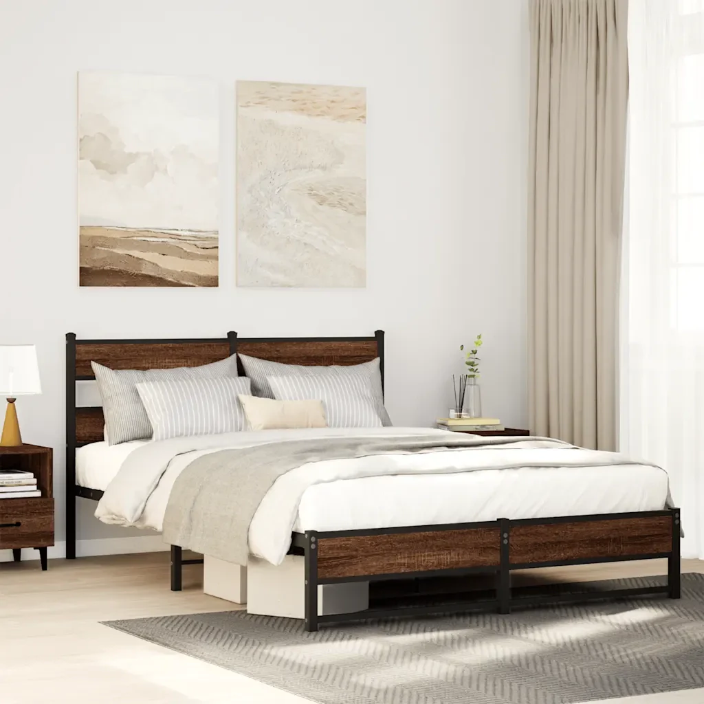 Letto matrimoniale | Letto per adulti | Giroletto senza Materasso in Metallo Rovere Marrone 135x190 cm - Image 2