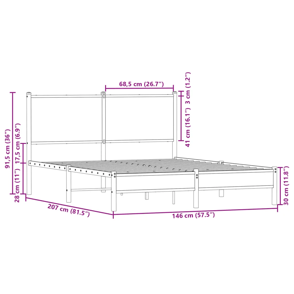 Letto matrimoniale | Letto per adulti | Giroletto senza Materasso in Metallo Rovere Marrone 140x200 cm - Image 10