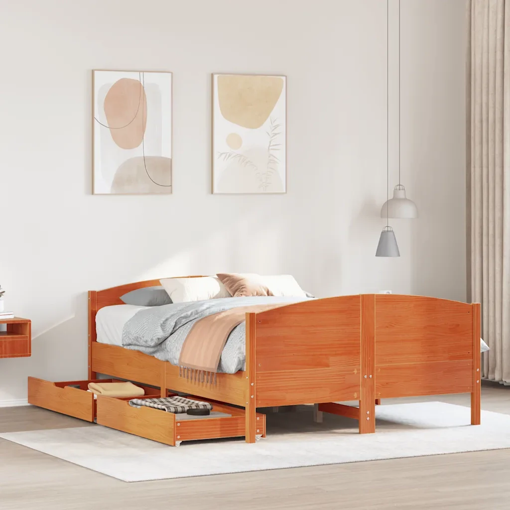 Letto matrimoniale | Letto per adulti | Giroletto senza Materasso Marrone Cera 140x200cm Massello Pino - Image 2