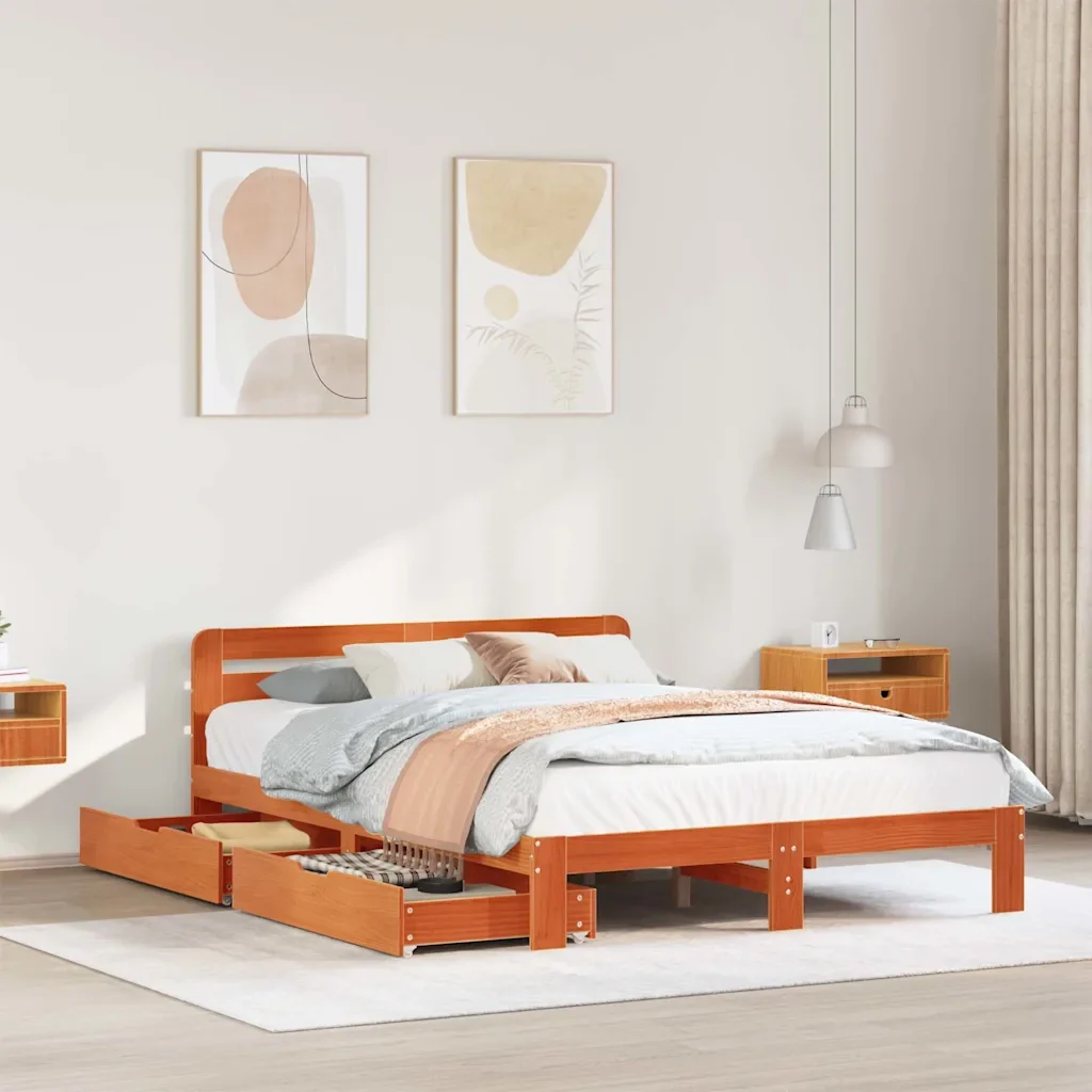Letto matrimoniale | Letto per adulti | Giroletto senza Materasso Marrone Cera 140x200cm Massello Pino - Image 2