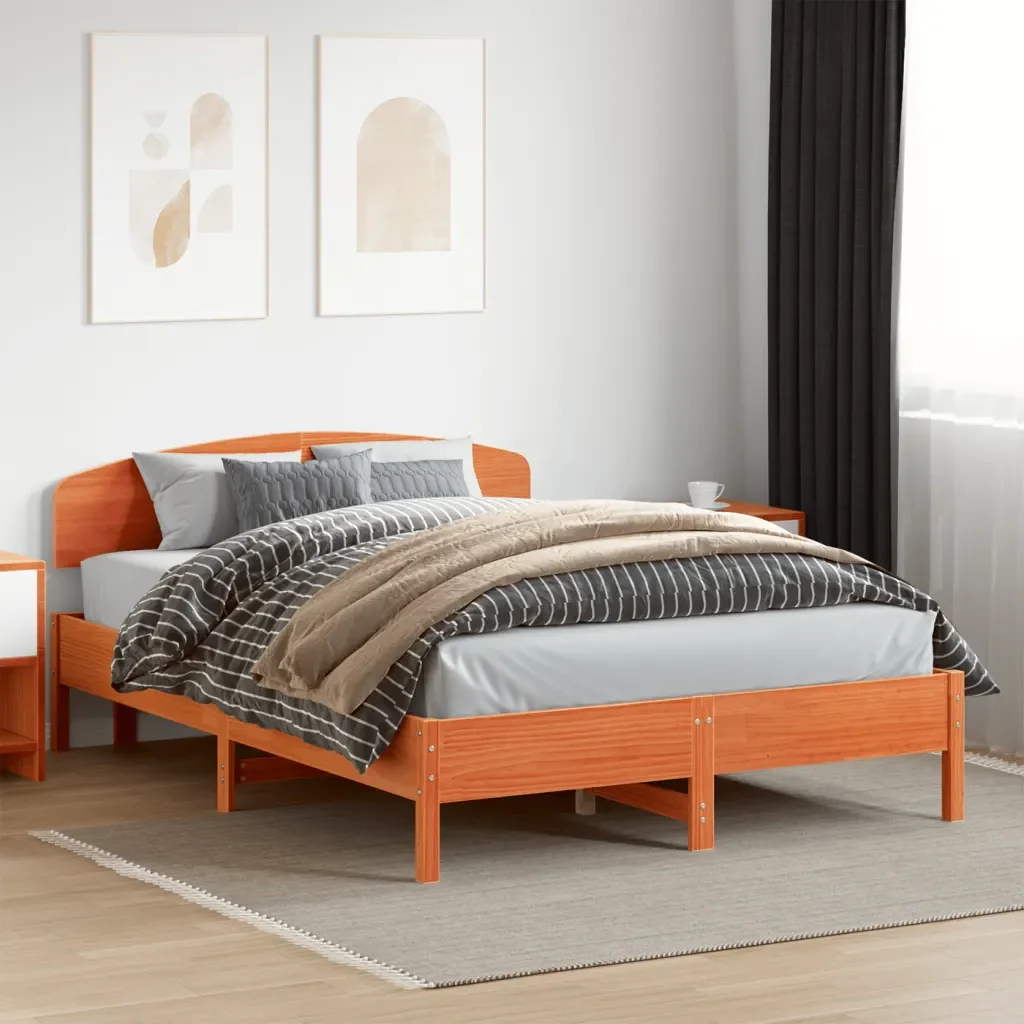 Letto matrimoniale | Letto per adulti | Giroletto senza Materasso Marrone Cera 140x200cm Massello Pino - Image 2
