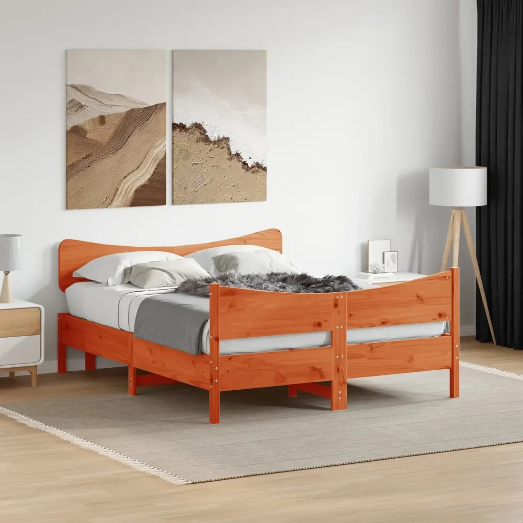 Letto matrimoniale | Letto per adulti | Giroletto senza Materasso Marrone Cera 140x200cm Massello Pino - Image 2