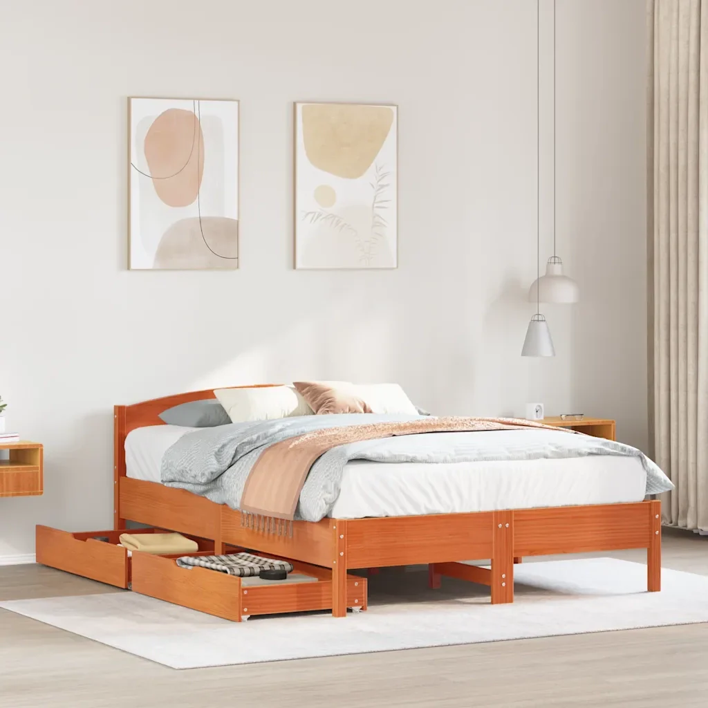 Letto matrimoniale | Letto per adulti | Giroletto senza Materasso Marrone Cera 140x200cm Massello Pino - Image 2