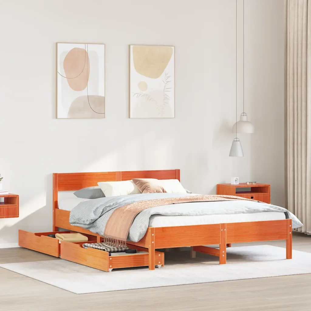 Letto matrimoniale | Letto per adulti | Giroletto senza Materasso Marrone Cera 140x200cm Massello Pino - Image 2