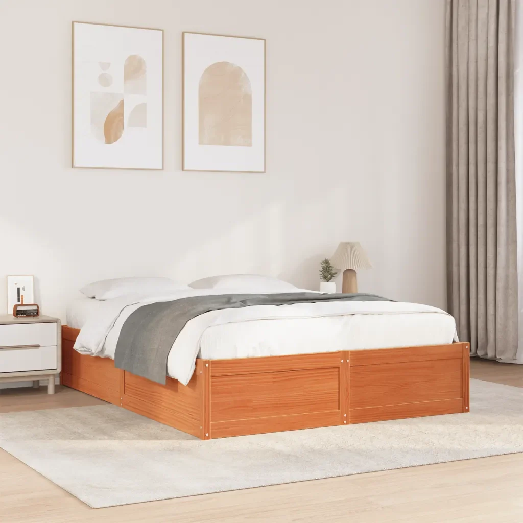 Letto matrimoniale | Letto per adulti | Giroletto senza Materasso Marrone Cera 140x200cm Massello Pino - Image 2