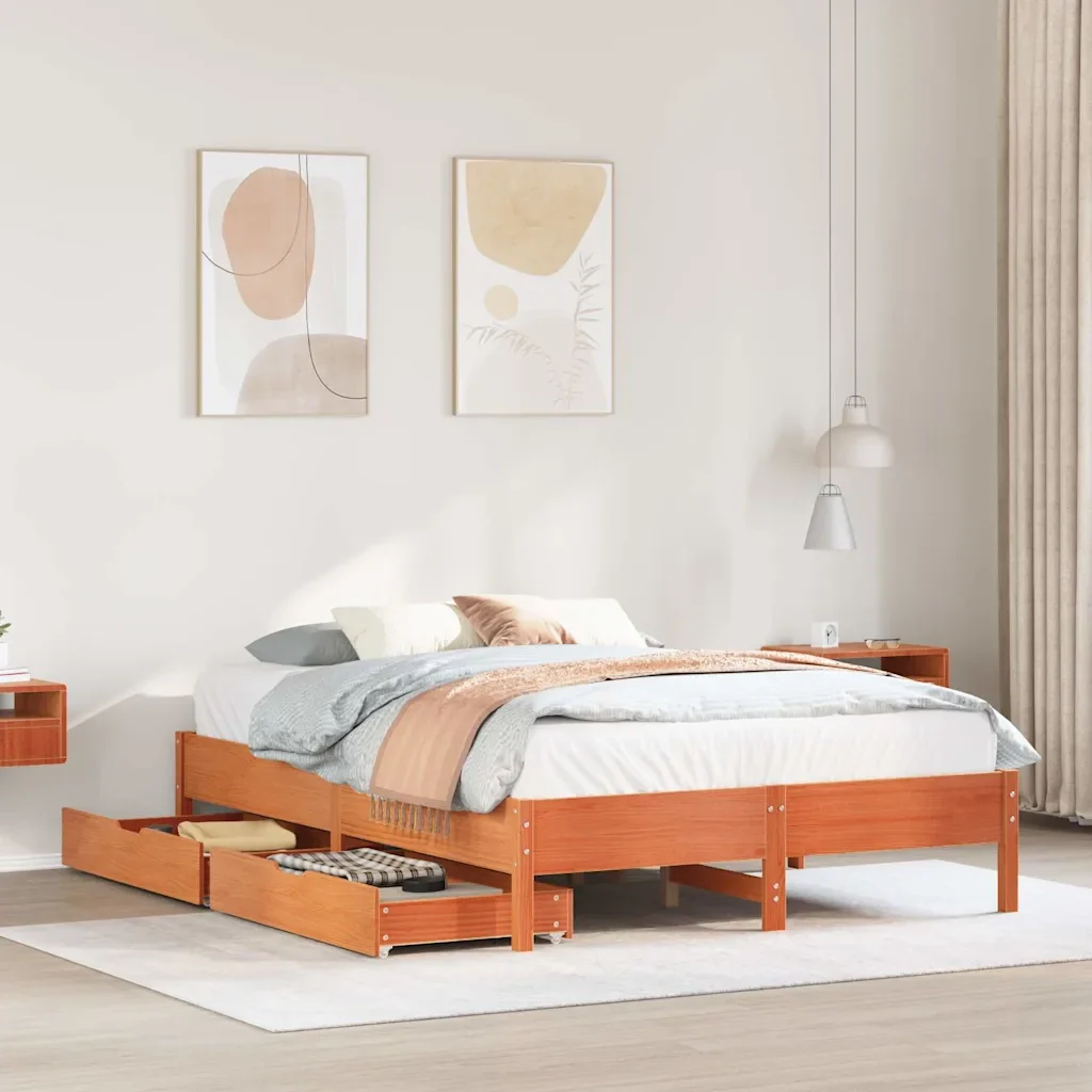 Letto matrimoniale | Letto per adulti | Giroletto senza Materasso Marrone Cera 140x200cm Massello Pino - Image 2