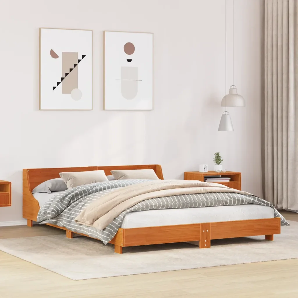 Letto matrimoniale | Letto per adulti | Giroletto senza Materasso Marrone Cera 140x200cm Massello Pino - Image 2