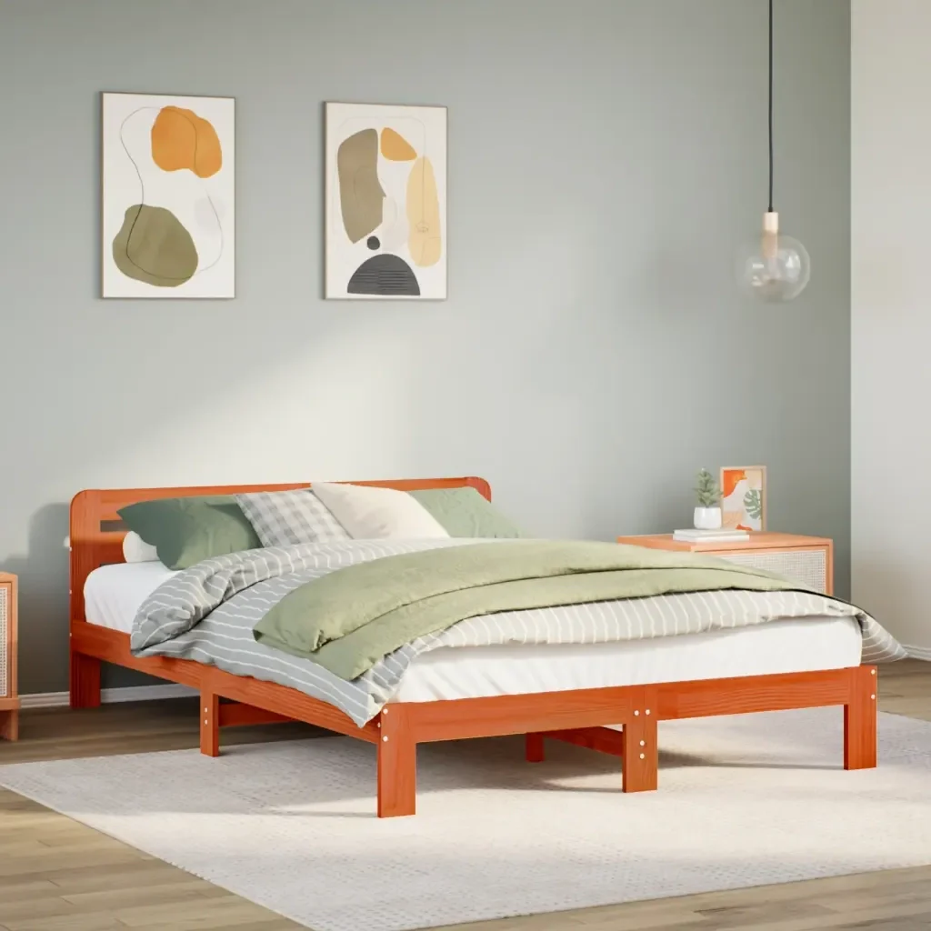 Letto matrimoniale | Letto per adulti | Giroletto senza Materasso Marrone Cera 140x200cm Massello Pino - Image 2