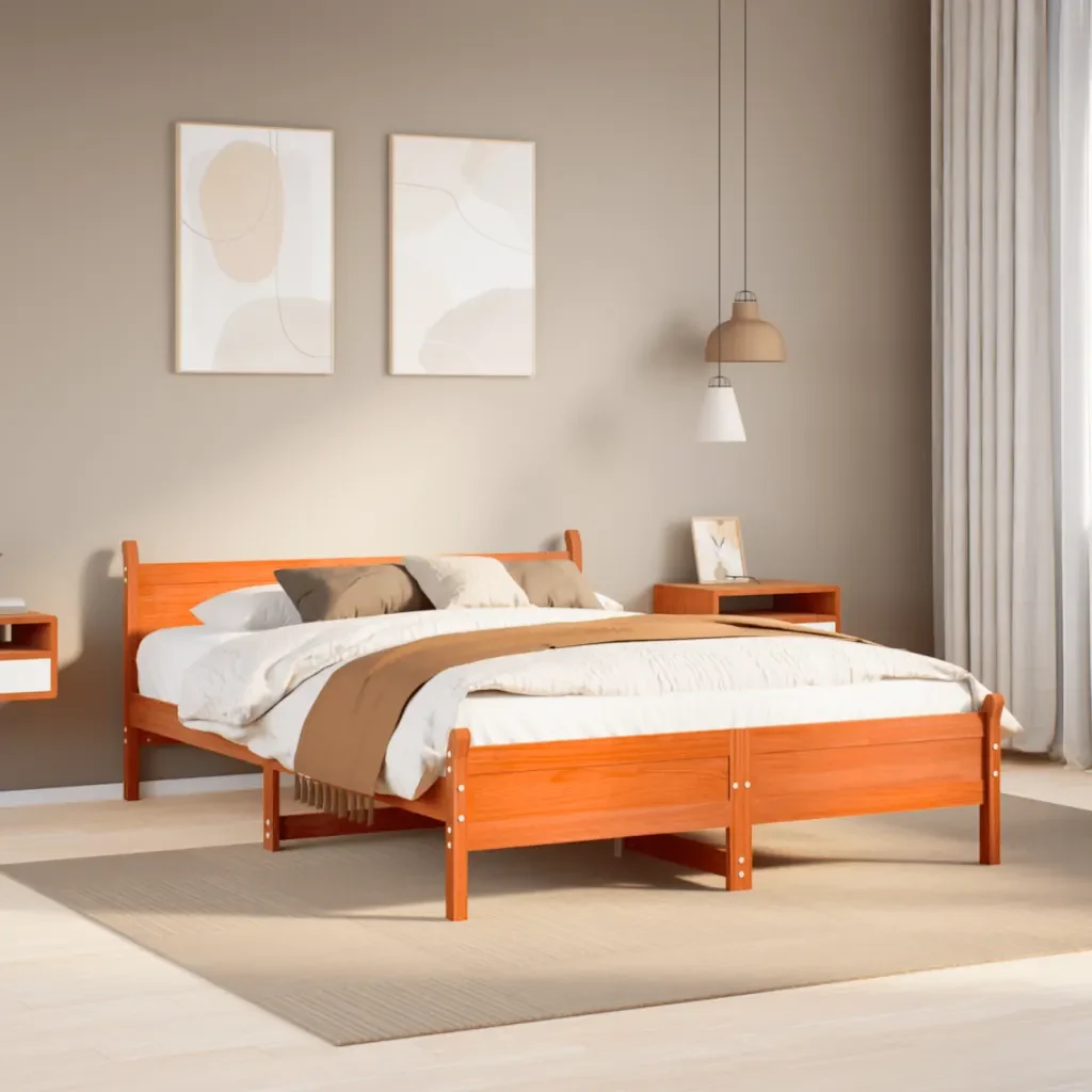 Letto matrimoniale | Letto per adulti | Giroletto senza Materasso Marrone Cera 140x200cm Massello Pino - Image 2