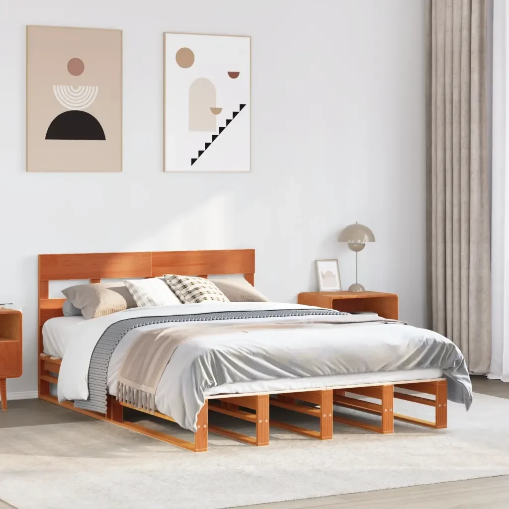 Letto matrimoniale | Letto per adulti | Giroletto senza Materasso Marrone Cera 140x200cm Massello Pino - Image 2