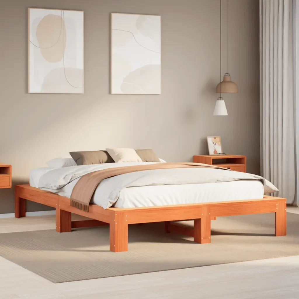 Letto matrimoniale | Letto per adulti | Giroletto senza Materasso Marrone Cera 140x200cm Massello Pino - Image 2