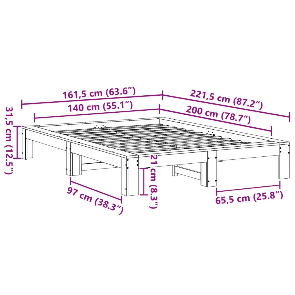 Letto matrimoniale | Letto per adulti | Giroletto senza Materasso Marrone Cera 140x200cm Massello Pino - Image 8