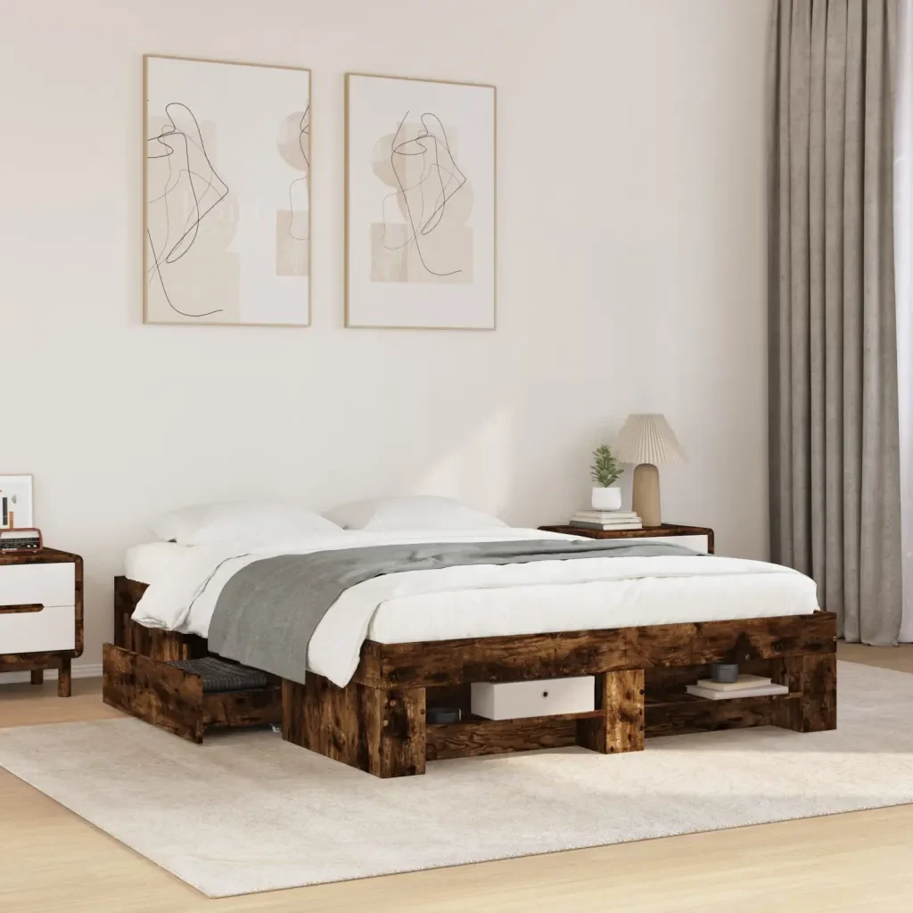 Letto matrimoniale | Letto per adulti | Giroletto senza Materasso Rovere Fumo 120x200 cm in Truciolato - Image 2