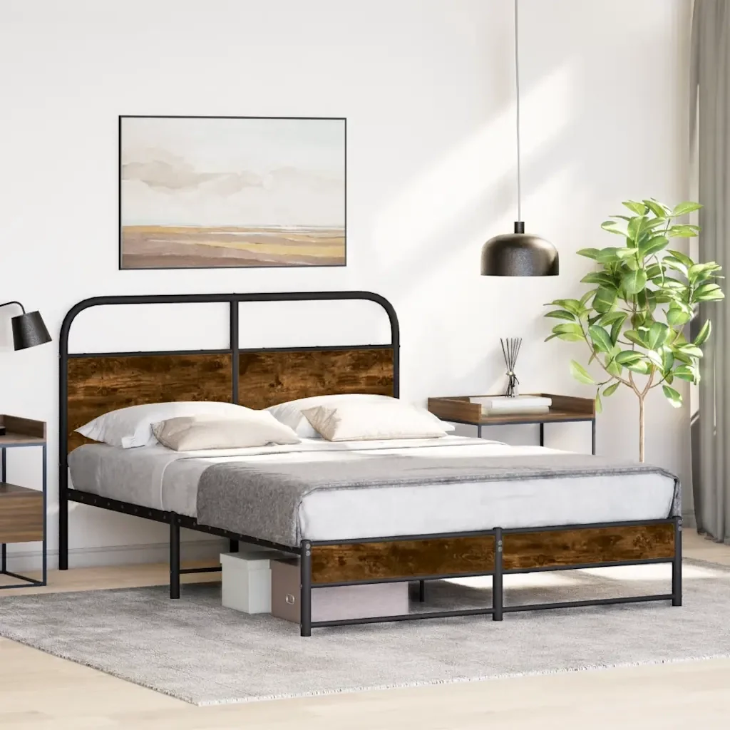 Letto matrimoniale | Letto per adulti | Giroletto senza Materasso Rovere Fumo 135x190 cm in Truciolato - Image 2