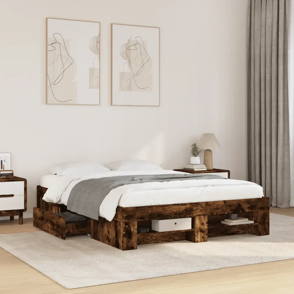Letto matrimoniale | Letto per adulti | Giroletto senza Materasso Rovere Fumo 140x190 cm in Truciolato - Image 2