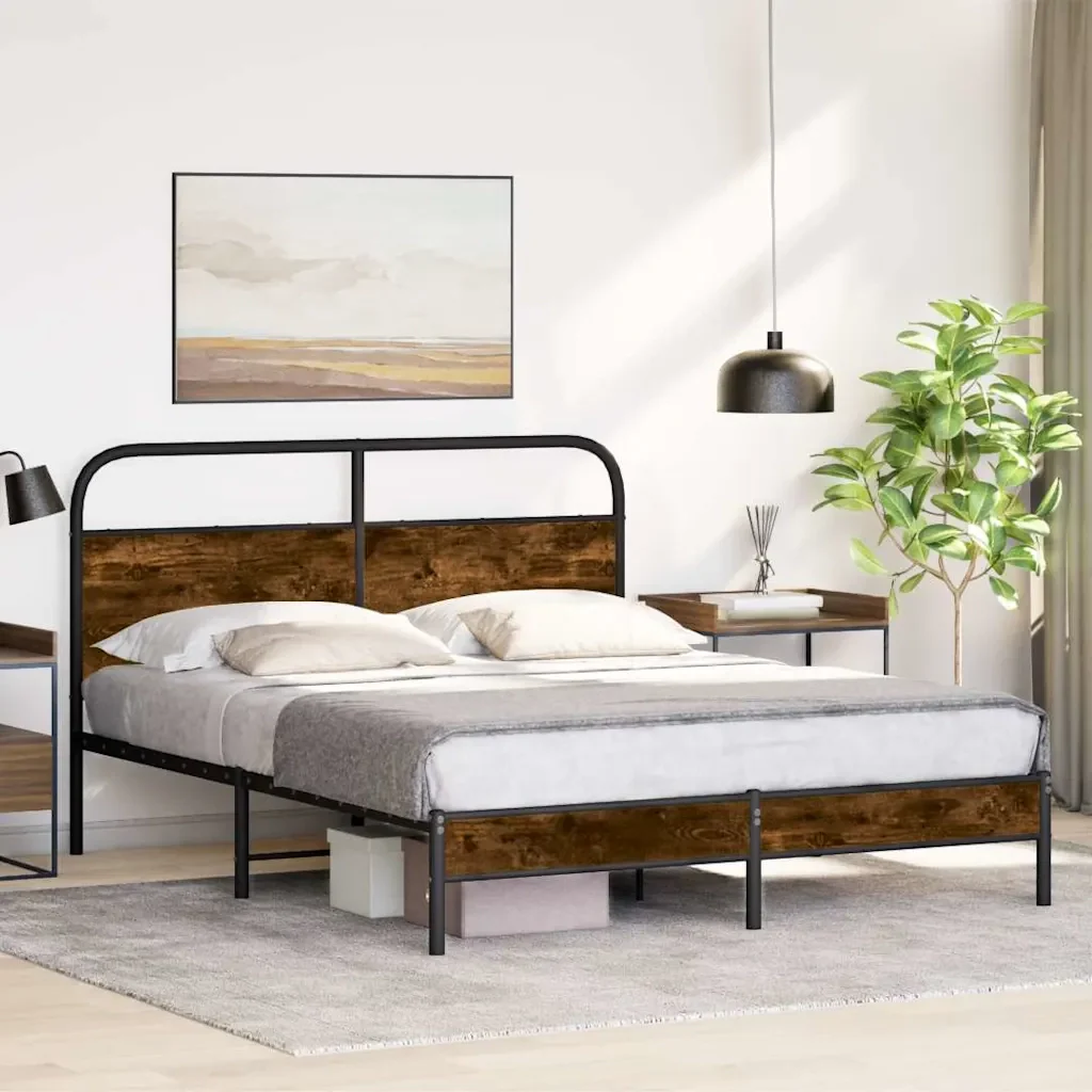 Letto matrimoniale | Letto per adulti | Giroletto senza Materasso Rovere Fumo 150x200 cm in Truciolato - Image 2