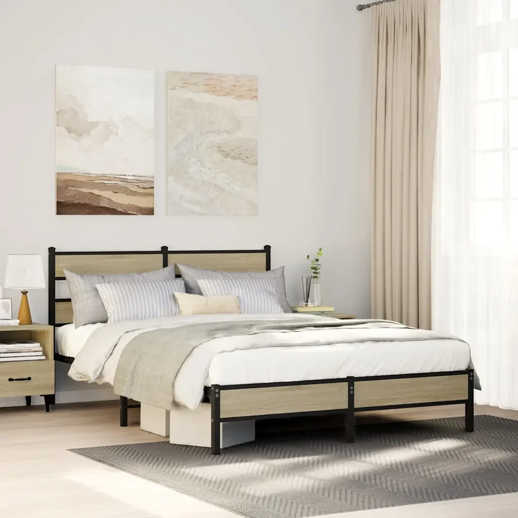 Letto matrimoniale | Letto per adulti | Giroletto senza Materasso Rovere Sonoma 150x200cm in Truciolato - Image 2