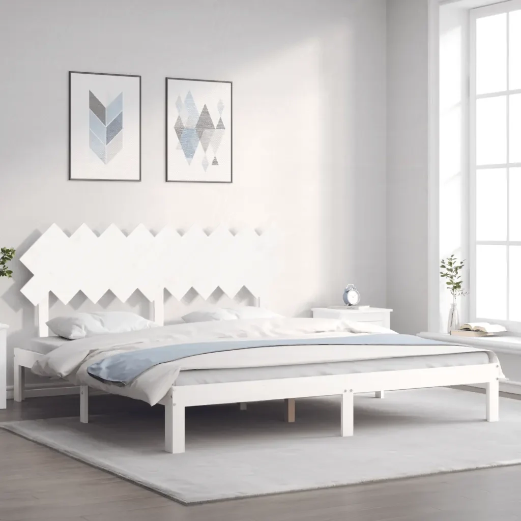 Letto matrimoniale | Letto per adulti | Giroletto Testiera Bianco Super King Size in Legno Massello - Image 2