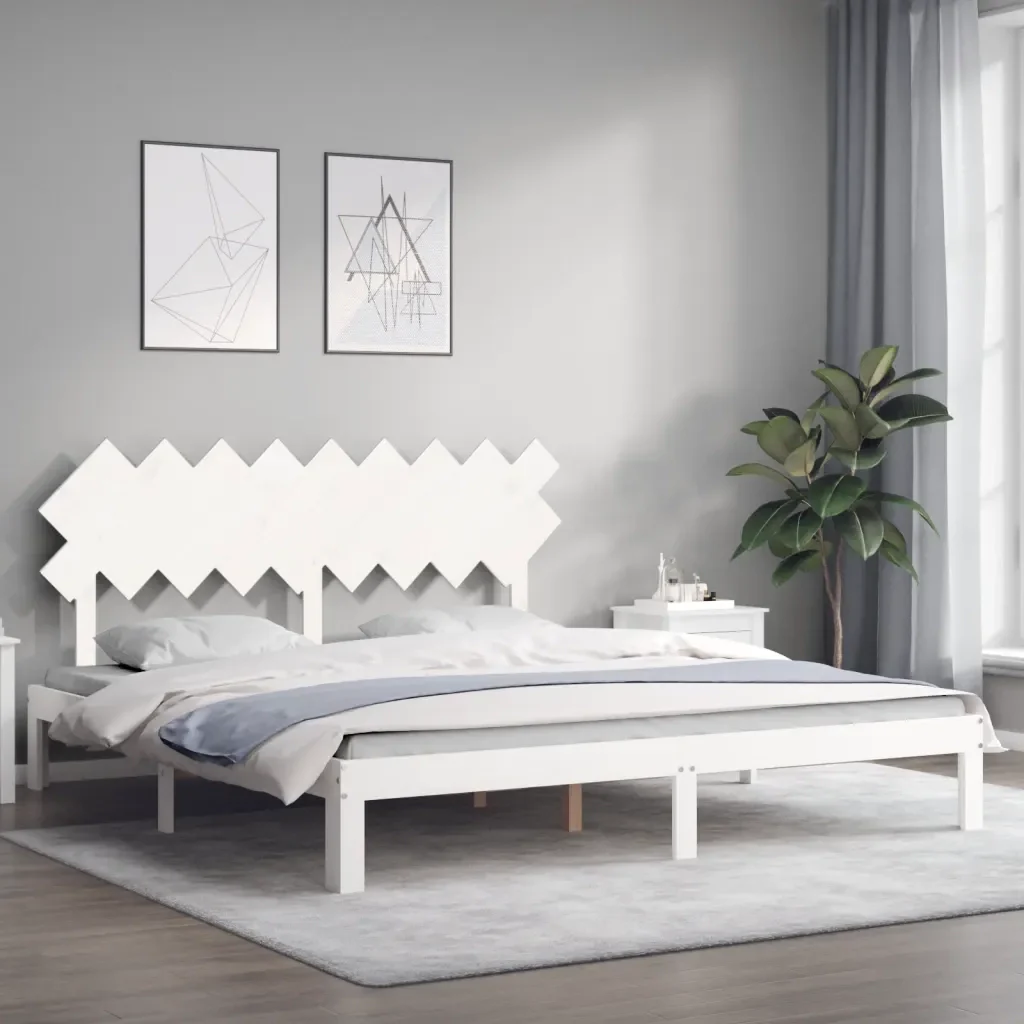 Letto matrimoniale | Letto per adulti | Giroletto Testiera Bianco Super King Size in Legno Massello - Image 4