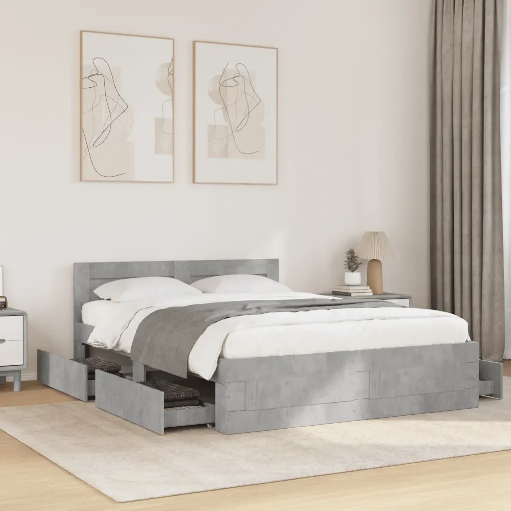 Letto matrimoniale | Letto per adulti | Giroletto Testiera Grigio Cemento 140x200 cm Legno Multistrato - Image 2