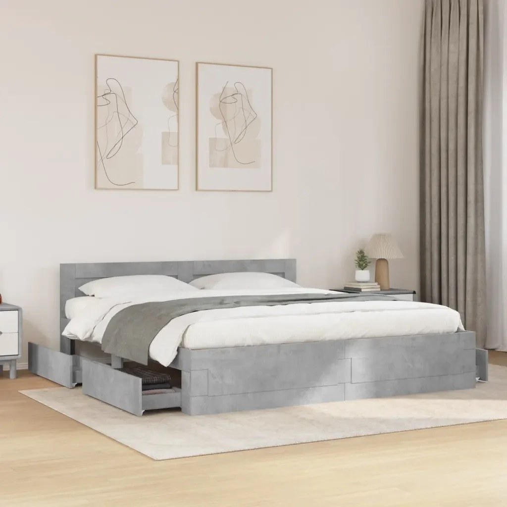 Letto matrimoniale | Letto per adulti | Giroletto Testiera Grigio Cemento 200x200 cm Legno Multistrato - Image 2