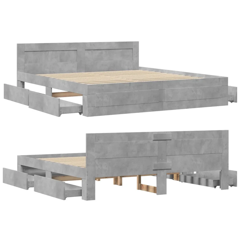 Letto matrimoniale | Letto per adulti | Giroletto Testiera Grigio Cemento 200x200 cm Legno Multistrato - Image 8