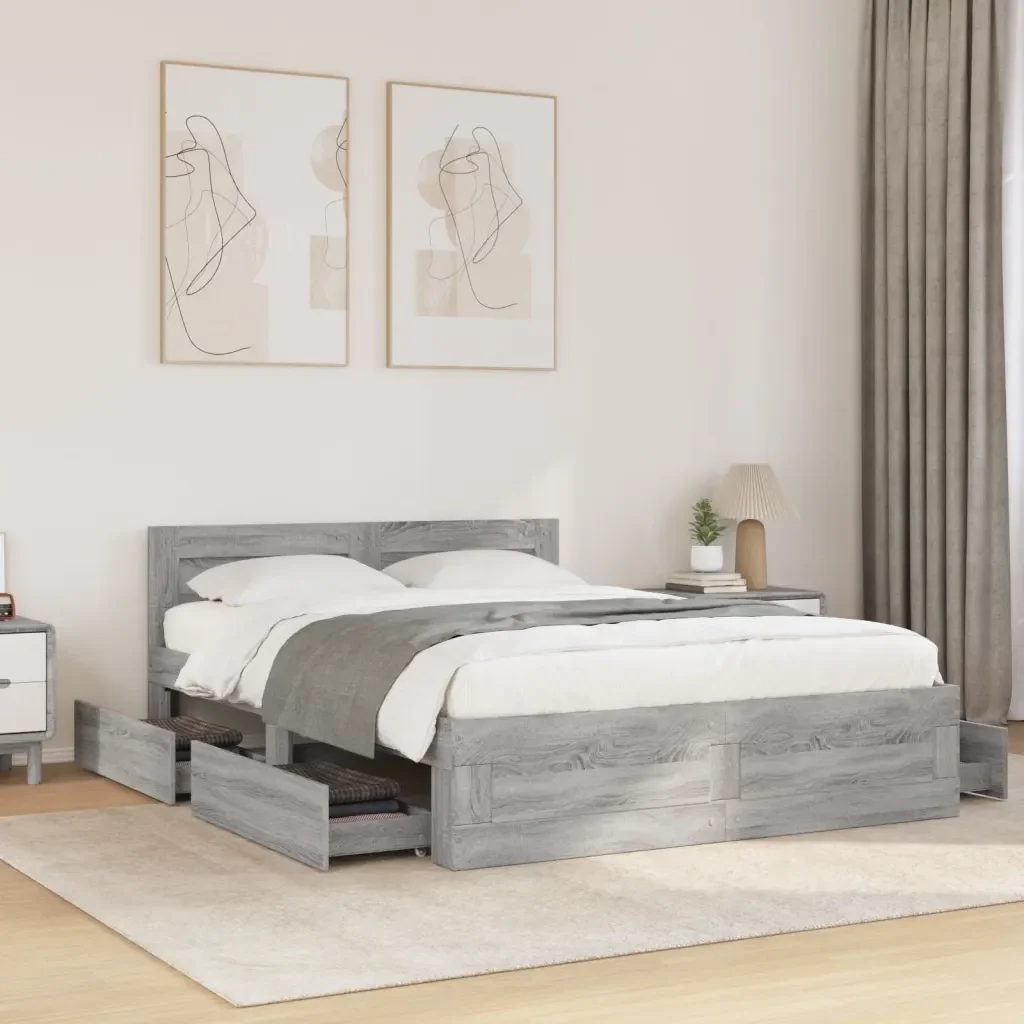 Letto matrimoniale | Letto per adulti | Giroletto Testiera Grigio Sonoma 140x200 cm Legno Multistrato - Image 2