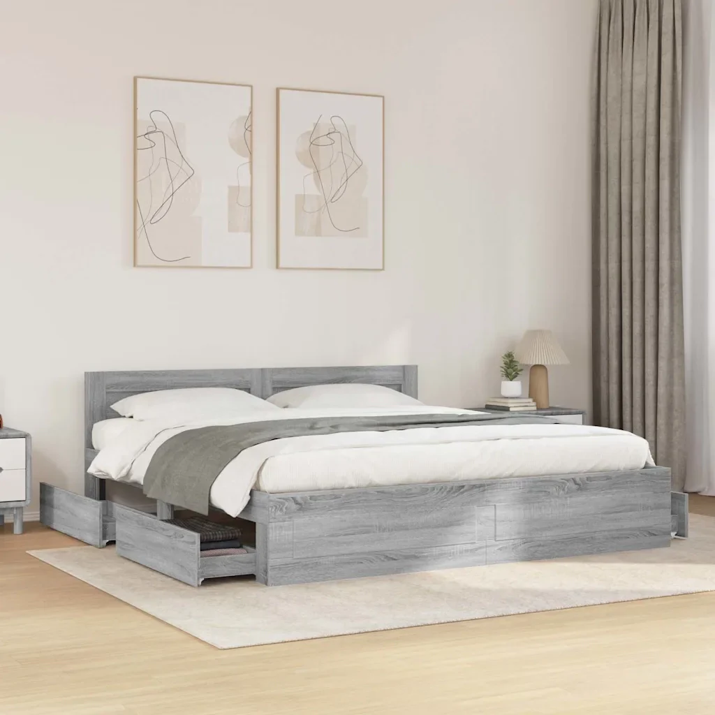 Letto matrimoniale | Letto per adulti | Giroletto Testiera Grigio Sonoma 180x200 cm Legno Multistrato - Image 2