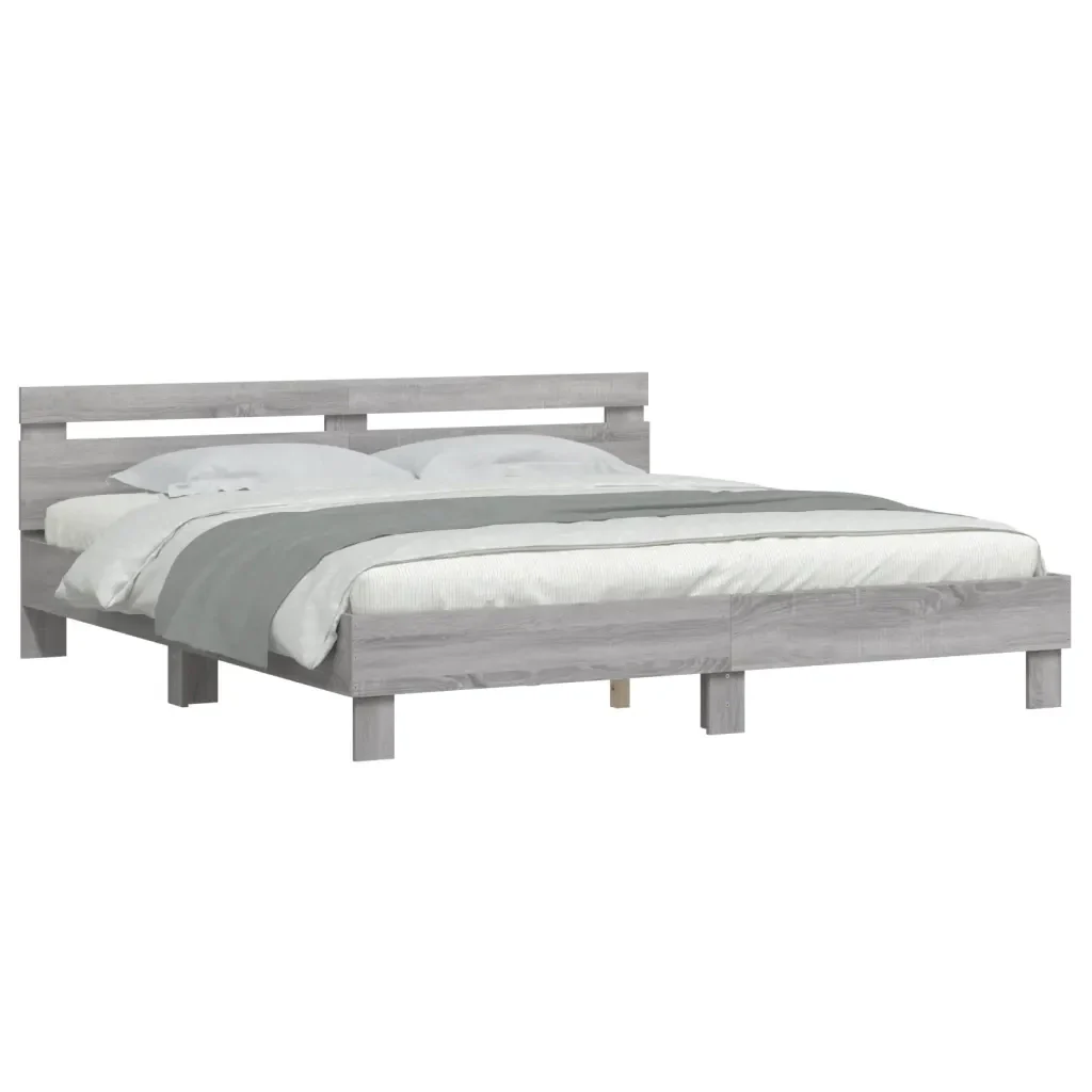 Letto matrimoniale | Letto per adulti | Giroletto Testiera Grigio Sonoma 200x200 cm Legno Multistrato - Image 4